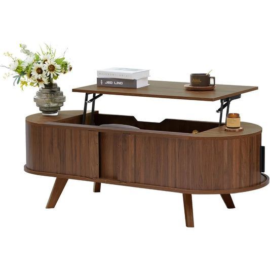Small Lift Top Coffee Table with Sliding Tambour Door, 47.3" Mid Century Modern Curved Coffee Table with Storage, Oval Center Ta