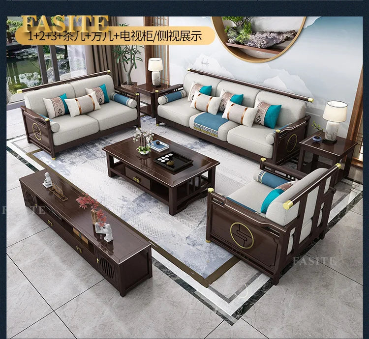 New Chinese-style solid wood sofa combination modern simple Zen Chinese style living room concubine corner wooden light luxury