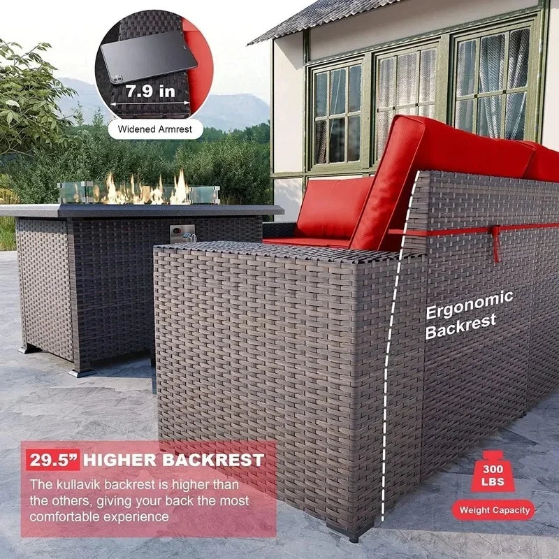 13-Piece Outdoor Patio Furniture Set with Gas Propane Fire Pit Table, PE Wicker Rattan Sectional Sofa in Red Color