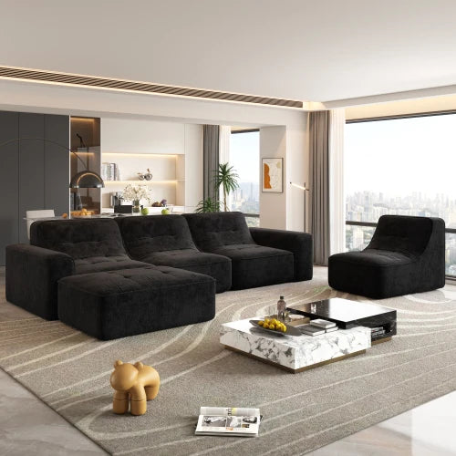 U-Shaped Sectional Sofa, Convertible Modular Couch with Double Chaise, 4-Seater Living Room Furniture, Black