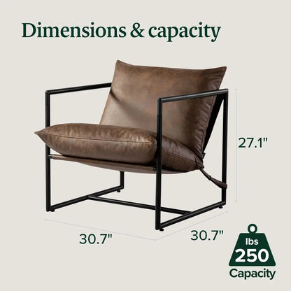 [Free Shipping, New Arrival!]Faux Leather Sling Accent Chair, Metal Framed Armchair with Shredded Foam Cushioning, Cocoa Brown