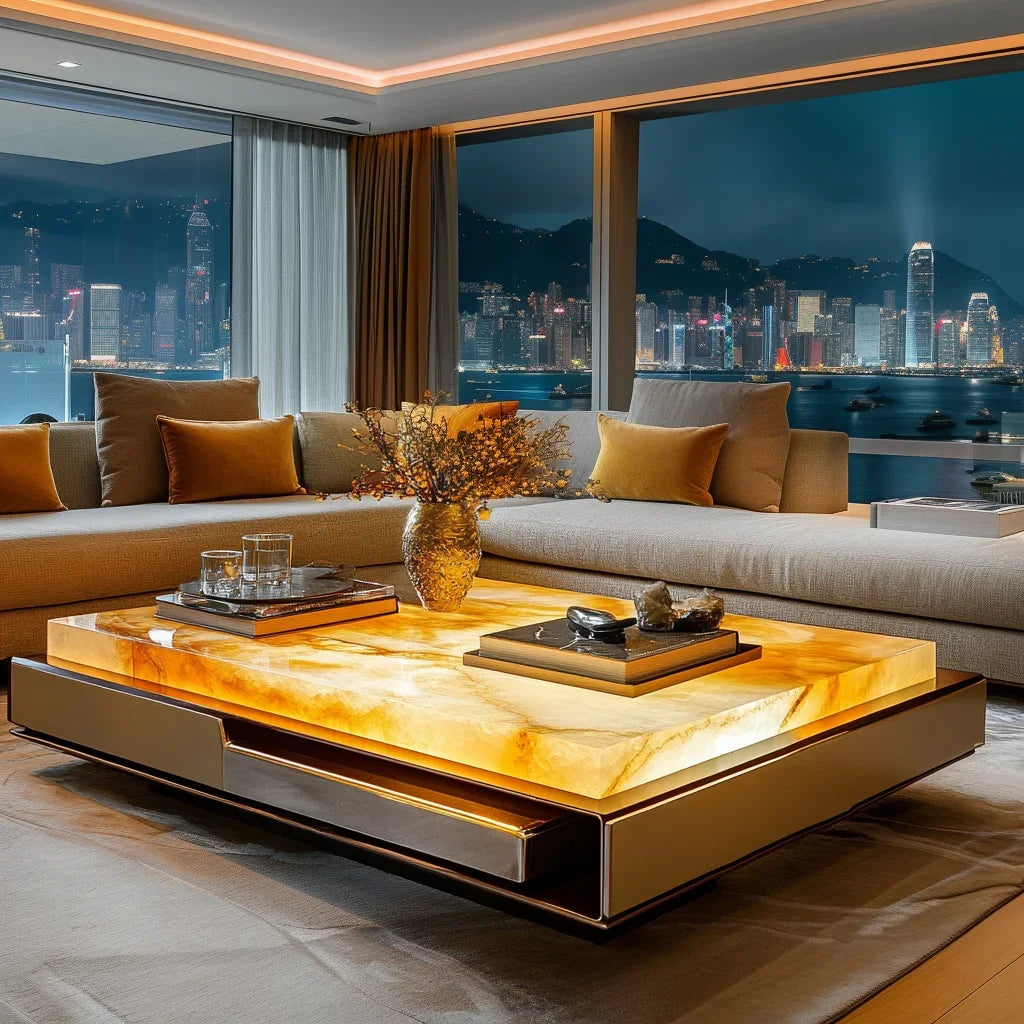 Square luminous jade luxury stone coffee table living room custom square modern luxury stone light luxury villa