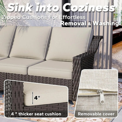 77'' Patio Sofa, All Weather Outdoor Rattan Wicker 3-Seat Sofa High Back Couch with Premium Cushions for Garden Backyard Porch(B