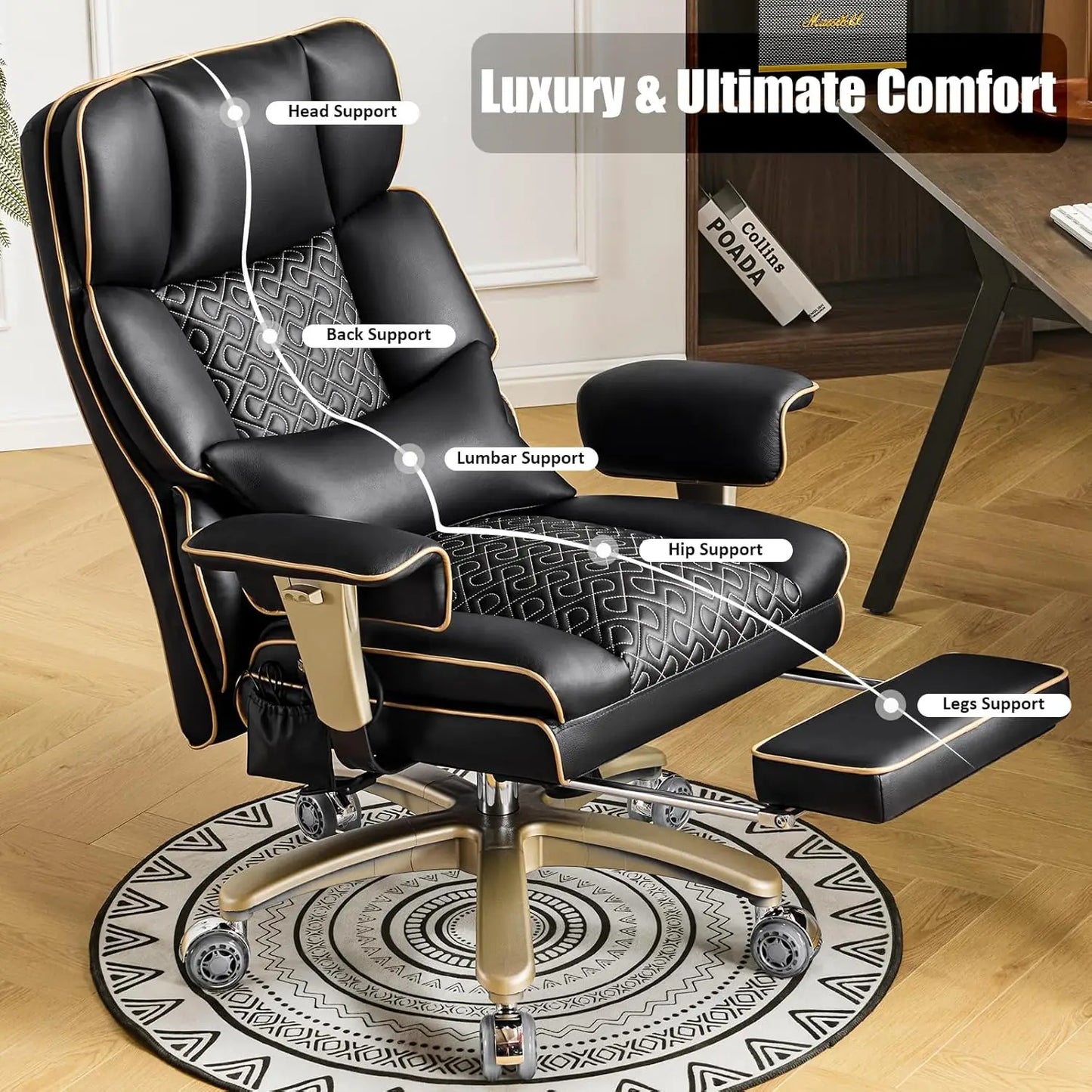 Big Tall Executive Office Chair 500lbs, Comfortable PU Leather Desk Chair with Footrest Adjustable Air Back Support, Lumbar Mass