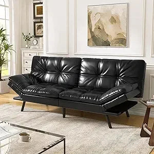 Faux Leather Futon Sofa Bed,Convertible Futon Couch,Memory Foam Loveseat Sleeper Sofa