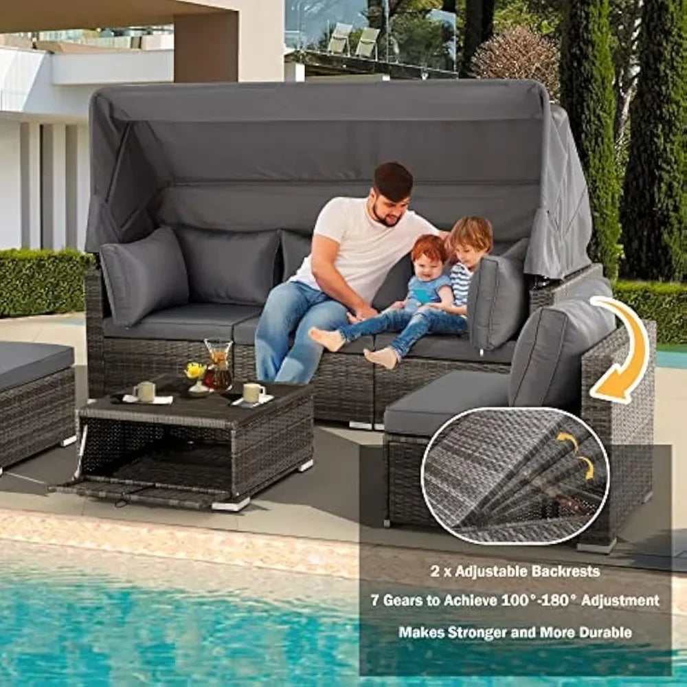 Y 6 Pieces Patio Furniture Sets, Rattan Daybed with Retractable Canopy, Outdoor Sectional Sofa Set with Adjustable Backrest