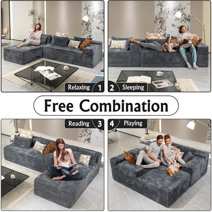 Grey sectional couches for Living Room-Corduroy Couch，104 Cloud Sectional Couch with L-Shape Chaise， Modern Modular Sofa, Deep S