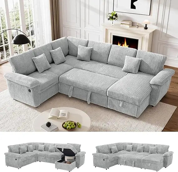 Sectional Sleeper Sofa with Pull Out Bed and Storage Chaise, Fluffy Soft Corduroy Fabric, Modern Comfy U Shaped Couch.