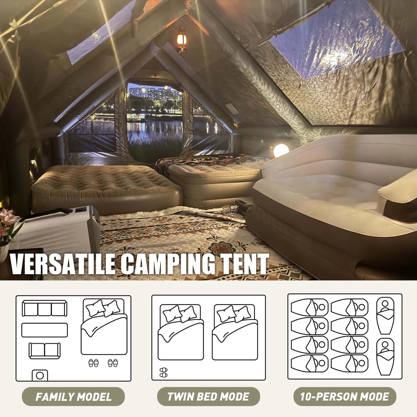 129 Square Feet Green Inflatable Camping Tent with Hand Pump,Waterproof Windproof Outdoor Blow up Tent with Chimney Stack