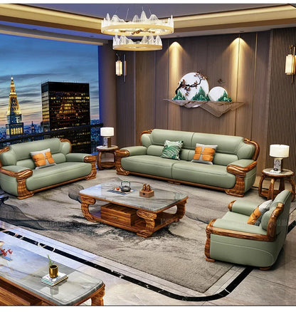 B178 A Imported ebony wood carving flower sofa villa new Chinese modern simple first layer leather sofa