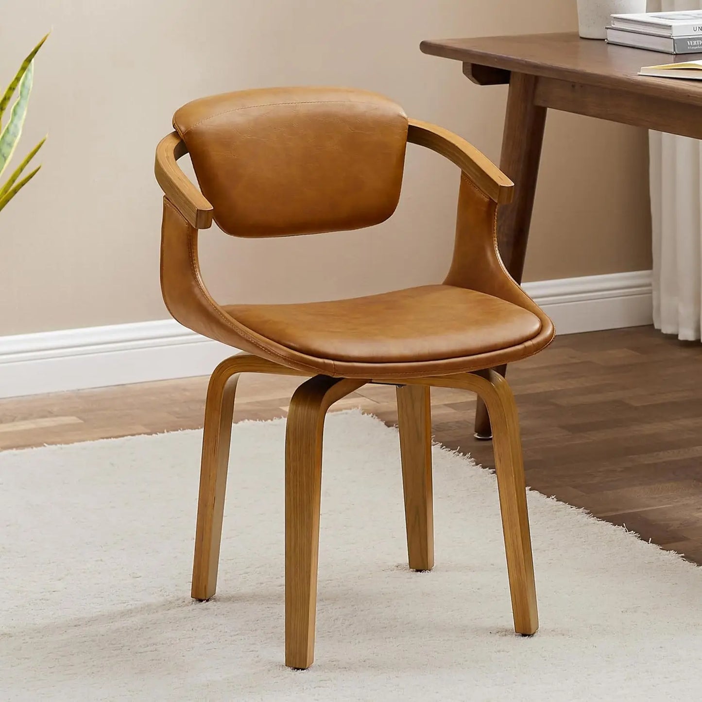 Swivel Desk Chair No Wheels, Mid Century Modern Office Chair, Faux Leather Dining Chair with Wood Legs, Accent Arm, Customized