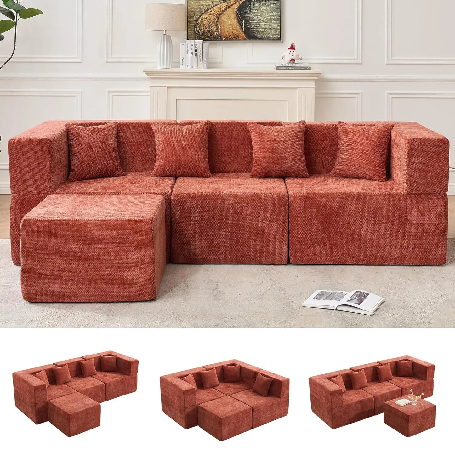 118" Compressed Sofa for Living Room L Shaped Boneless Couch, Modular Sectional Sofa, Sofa Bed Memory Foam Couches with Chaise