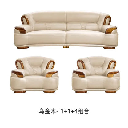 Ebony leather living room sofa combination modern simple light luxury new Chinese style solid wood first layer cowhide furniture