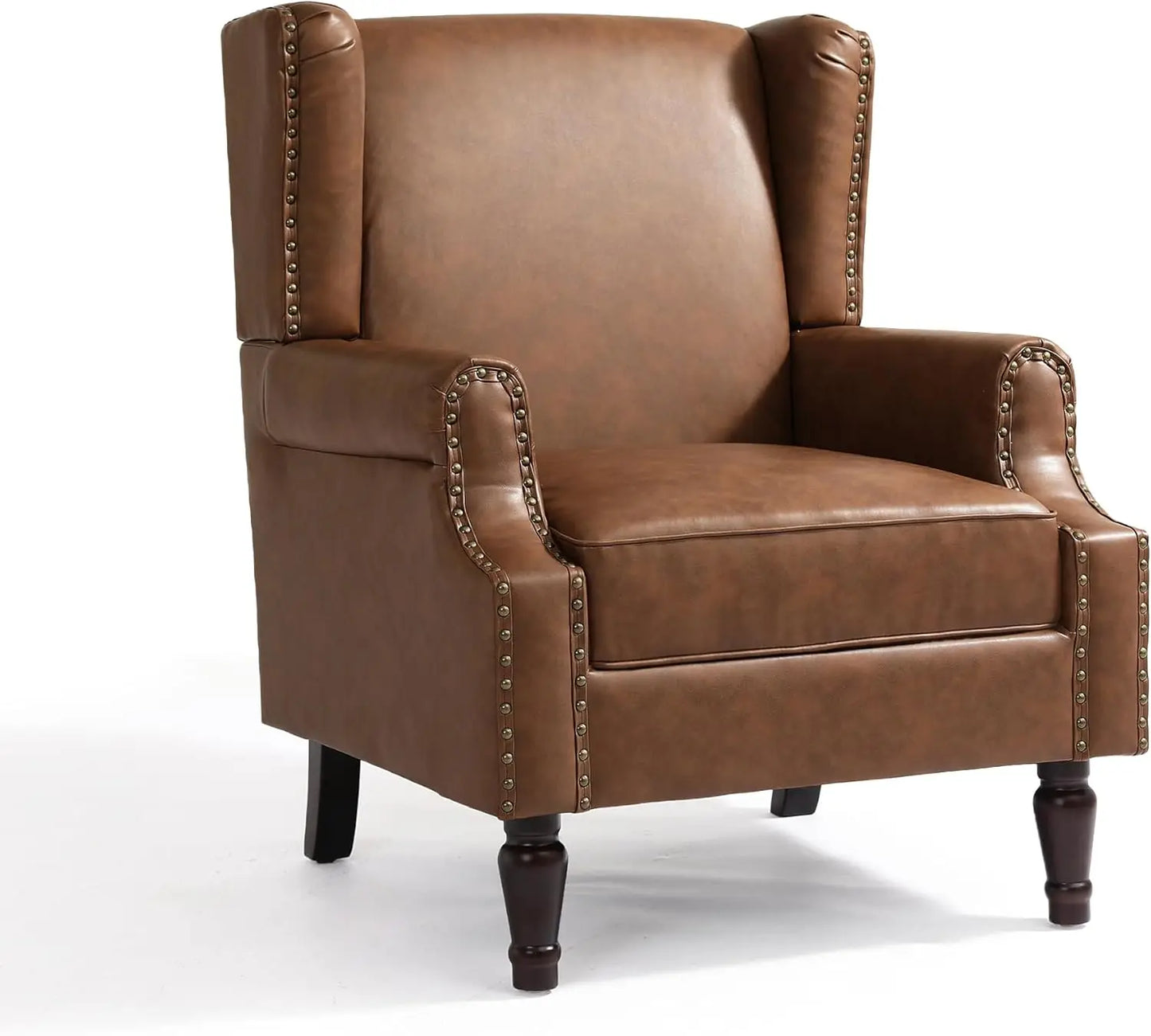 PU Leather High Back Accent Chair, Retro Wingback Armchair with Nail Trim, Solid Wood Legs - Brown