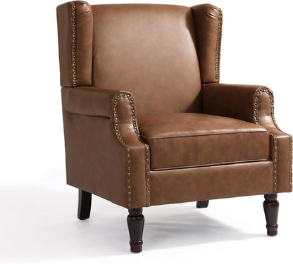 PU Leather High Back Accent Chair, Retro Wingback Armchair with Nail Trim, Solid Wood Legs - Brown