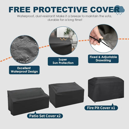 black wicker outdoor sectional sofa set with fire pit table for patio conversation