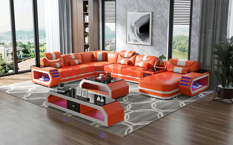 MANBAS Italian Genuine Leather Sectional Sofa with LED Lights | Futuristic Furniture U Shape Couch Living Room Big Sofas Set