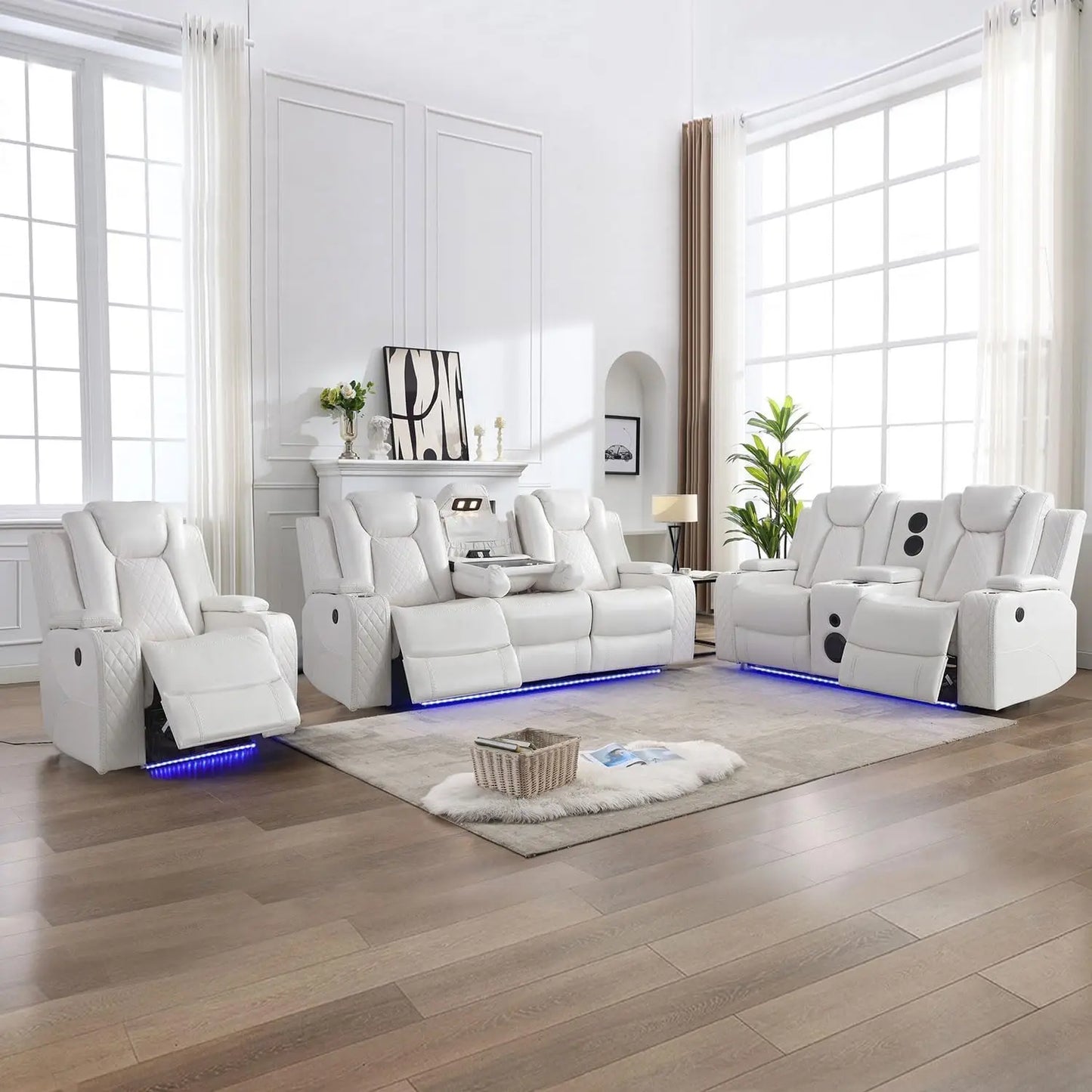 Power Recliner Sofa Sectional Sofa with LED Light for Living Room, Air Leather Reclining Corner Sectional Sofa Set