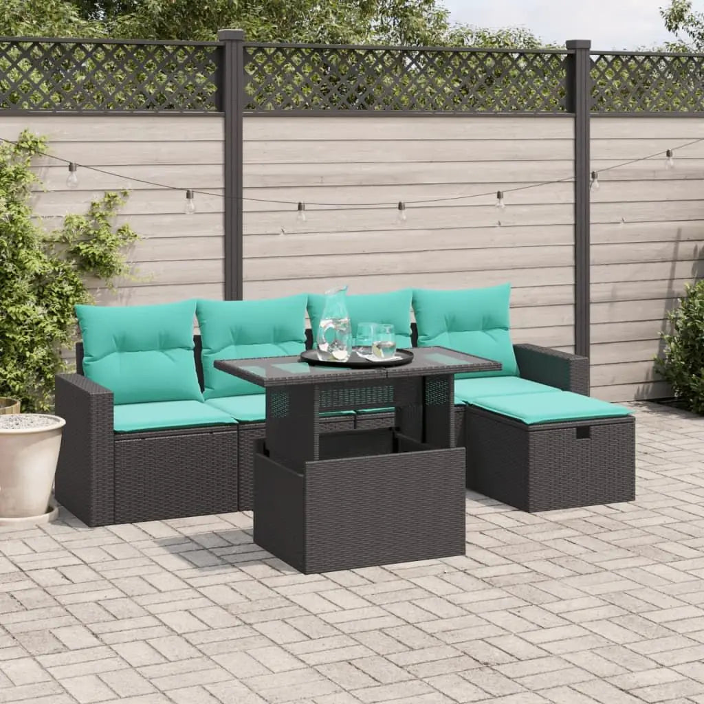 6 Piece Black Poly Rattan Patio Sofa Set with Cushions Outdoor Furniture