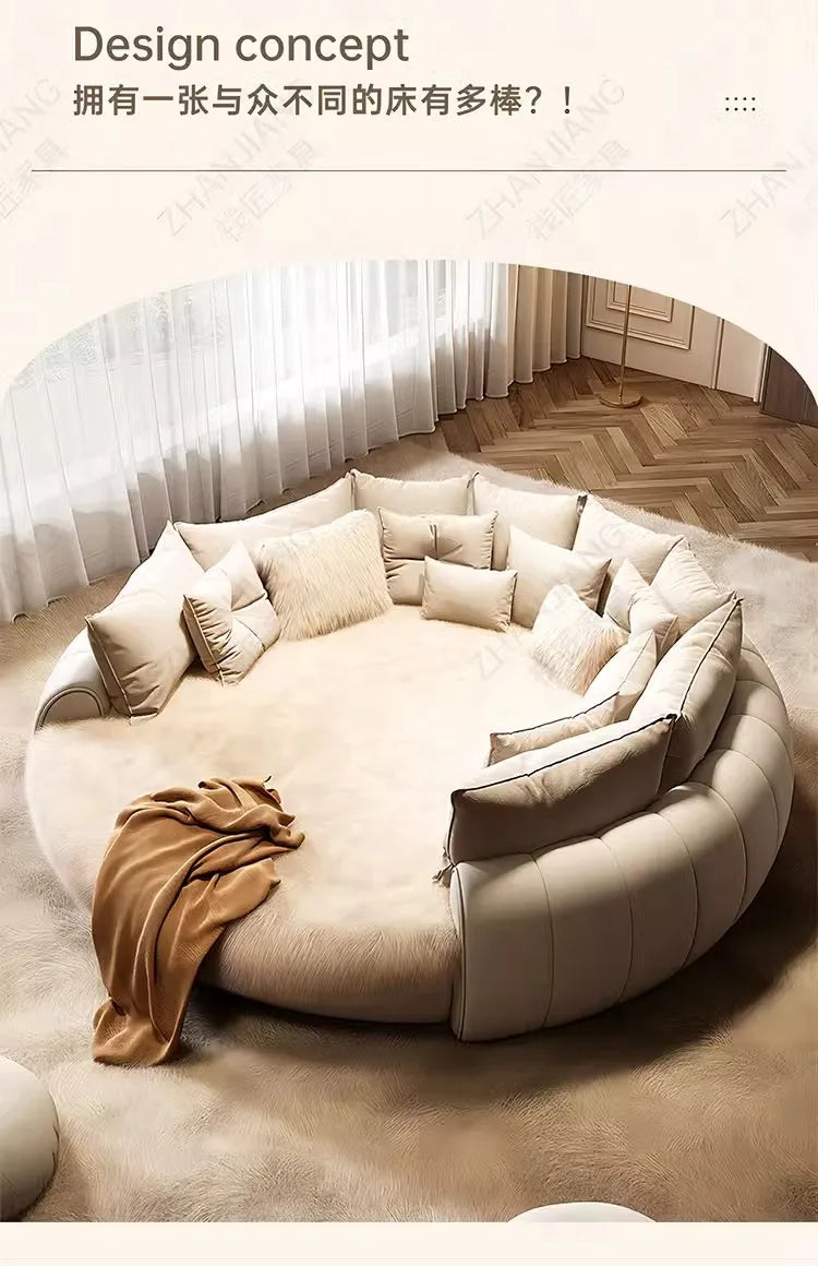 Bedroom Furniture Fabric Cream Style Double Wedding Bed Modern 200 X 200 Home Hotel Design Round Bed King Size Wooden Wood