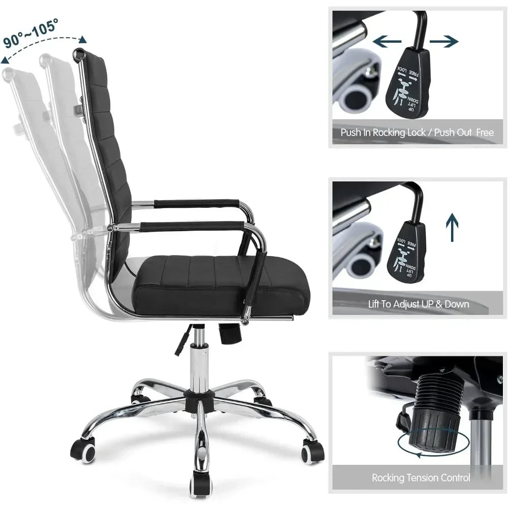"contemporary ribbed home office chair, sleek leather meeting room seating, ergonomic desk chair for comfort, high-back executiv