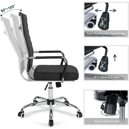 "contemporary ribbed home office chair, sleek leather meeting room seating, ergonomic desk chair for comfort, high-back executiv