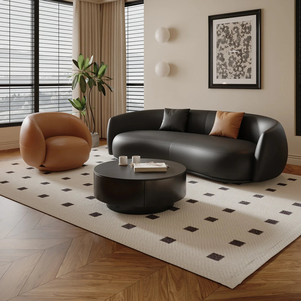 small apartment curved beauty salon Internet celebrity clothing store, rest area negotiation, black leather sofa