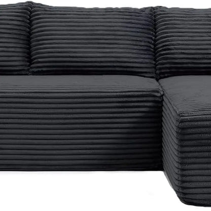 Modern 108 L-Shape Sectional Sofa, Deep Seated Cloud Couch, Corduroy Fabric, Black, Right Chaise, Living Room Furniture, No Asse