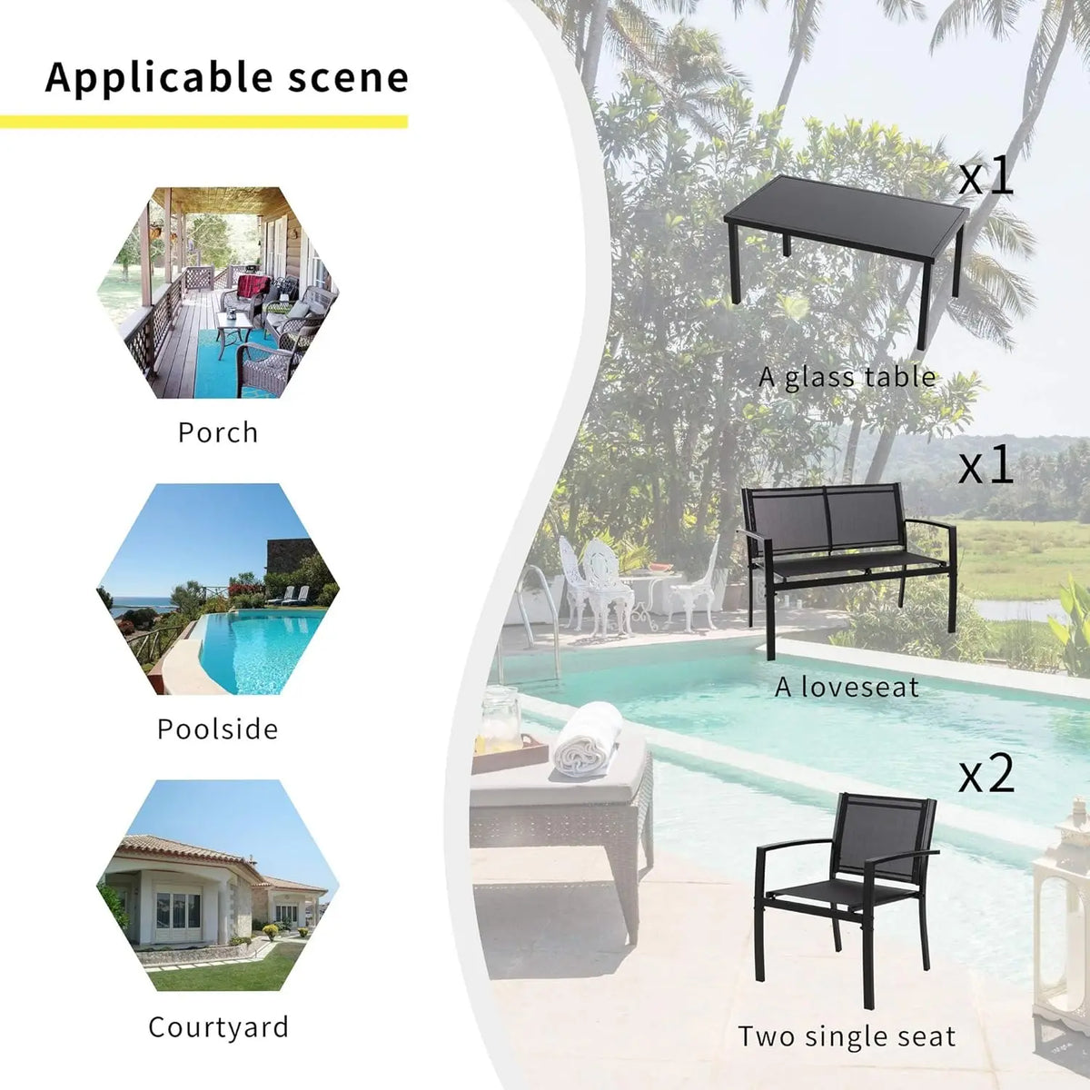 Curated Design 4 Pieces Patio Furniture Set All Weather Textile Fabric Outdoor Conversation Set, with Glass Coffee Table, Lov