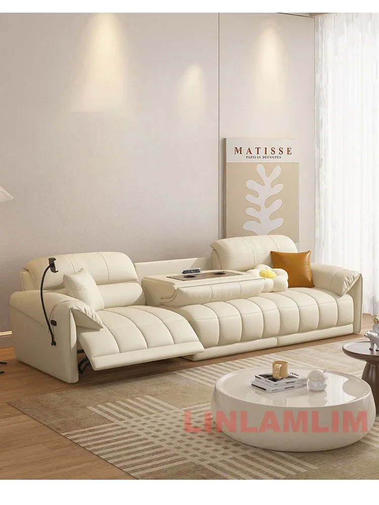 Modern Electric Reclining Sofa with Adjustable Footrest, USB, and Foldable Center Console – Italian Genuine Leather Power Sofa