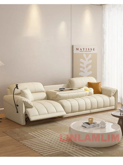 Modern Electric Reclining Sofa with Adjustable Footrest, USB, and Foldable Center Console – Italian Genuine Leather Power Sofa