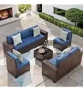 QAZ8-7 Piece Patio Furniture Set Fire Pit Table. Outdoor Conversation Sets Wicker Rattan Sectional Sofa with Coffee TSZ