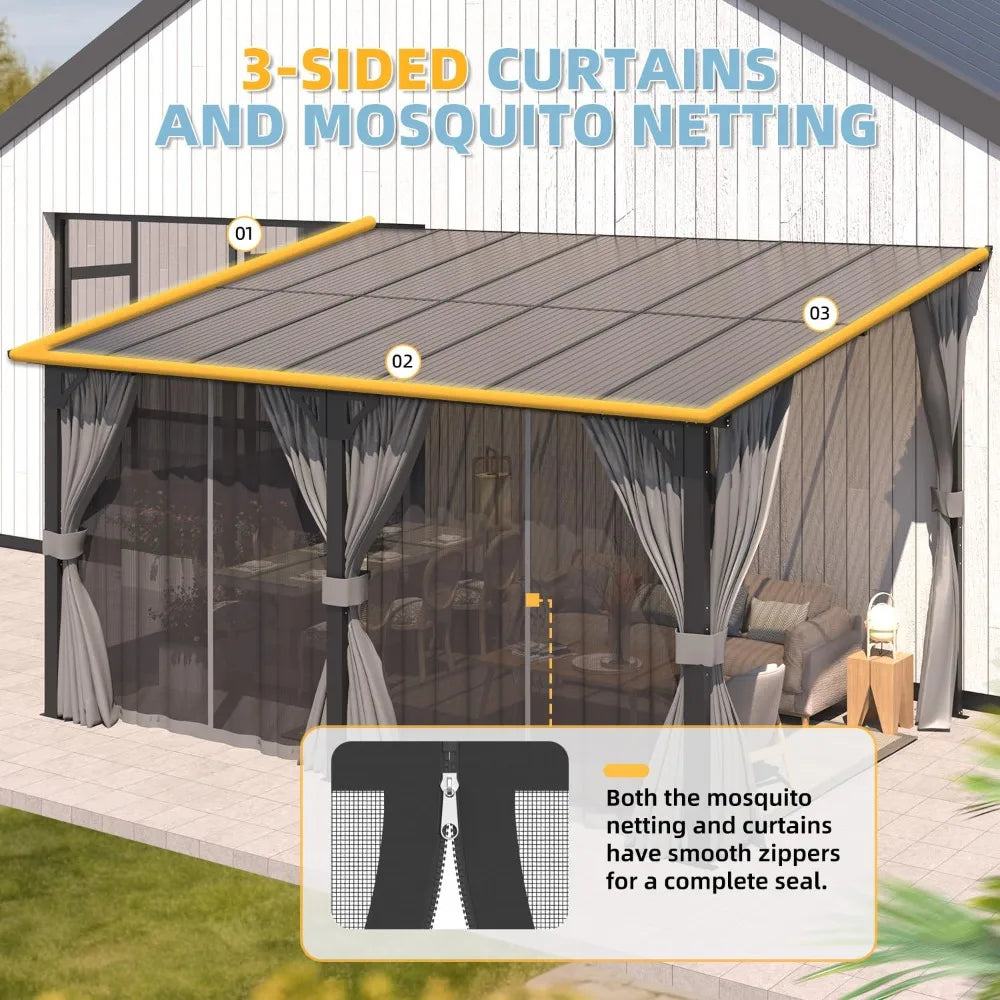 Hard Top Lean-to Gazebo Pergola Curtains & Netting Wall-Mounted Patio Deck Awning, Custom