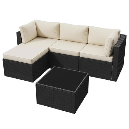 5-Piece Outdoor Sectional Sofa with Washable Cushion, Wicker Rattan Patio Conversation Set for Backyard Porch Poolside, Custom