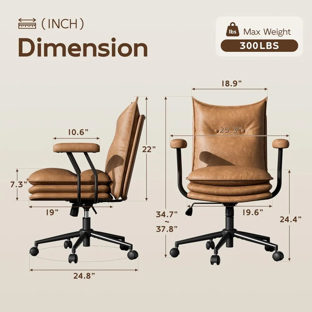 Brown Leather Office Chair with Wheels, Triple-Layers Thicken Wide Seat Height Adjustable, Mid-Century Modern Comfy Desk Chair f