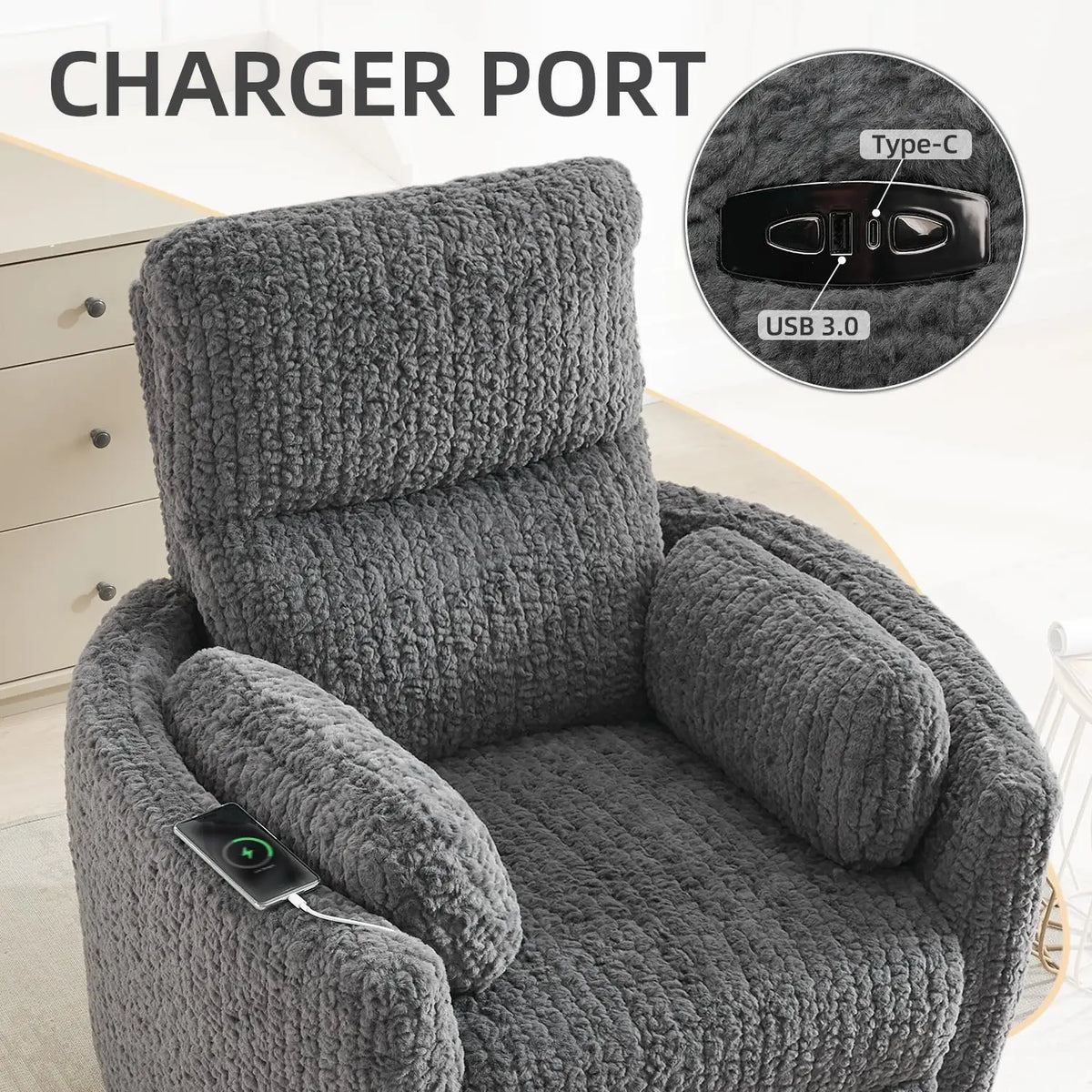 TODRANI Power Swivel Glider Rocking Recliner Nursery Chair with 2 Pillows, Reclining Chair with Type - C & USB Charger Ports