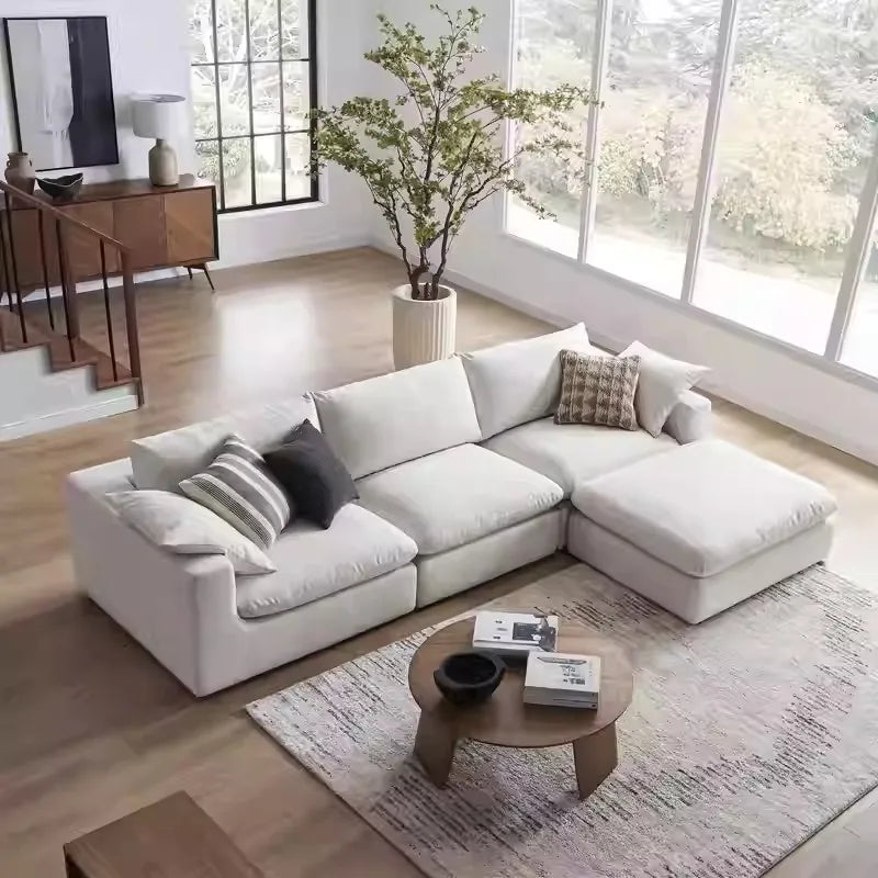 Nordic Cream White Linen Fabric Living Room Couch Sectional Cloud Sofa Modern Simple L Shaped Modular Corner Sofa Set Furniture