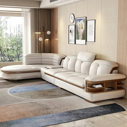 Luxury L-Shaped Genuine Leather Sectional Sofa Sets with USB, Bluetooth Speaker - MINGDIBAO Living Room Italian Leather Couches