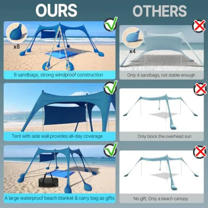 Beach Tent Sun Shelter with Sidewall Easy Set Up 10x10ft Beach Canopy Outdoor Sun Shade with UPF 50+UV Protection 8 Sandbags 4