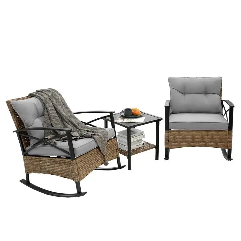 3pcs Grey Rattan Outdoor Leisure Rocking Chair Set