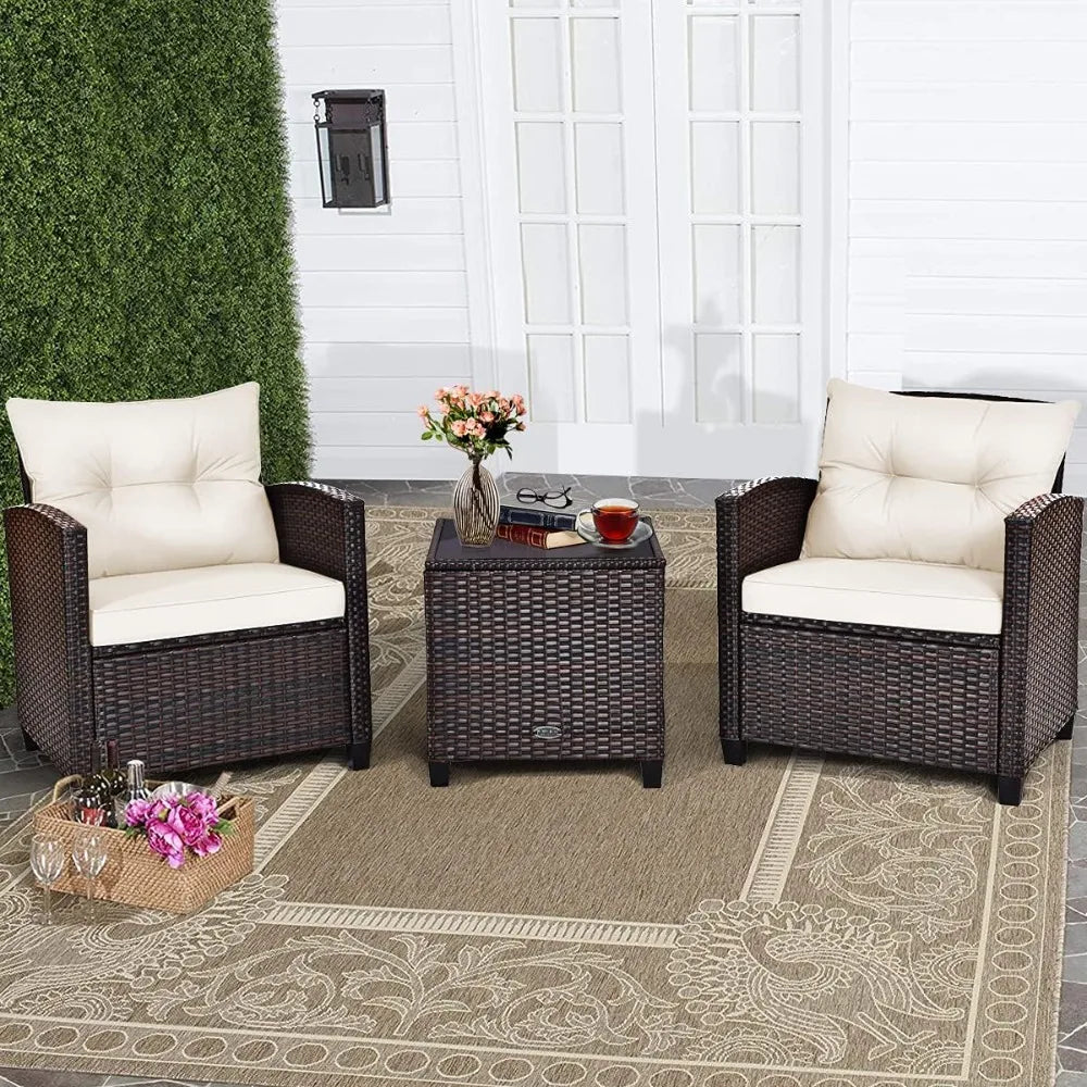 HAPPYGRILL 3 Pieces Patio Conversation Set, Outdoor Furniture Set PE Rattan Sofa Set with Removable Cushions, PE Wicker Chairs w