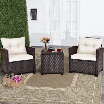 HAPPYGRILL 3 Pieces Patio Conversation Set, Outdoor Furniture Set PE Rattan Sofa Set with Removable Cushions, PE Wicker Chairs w