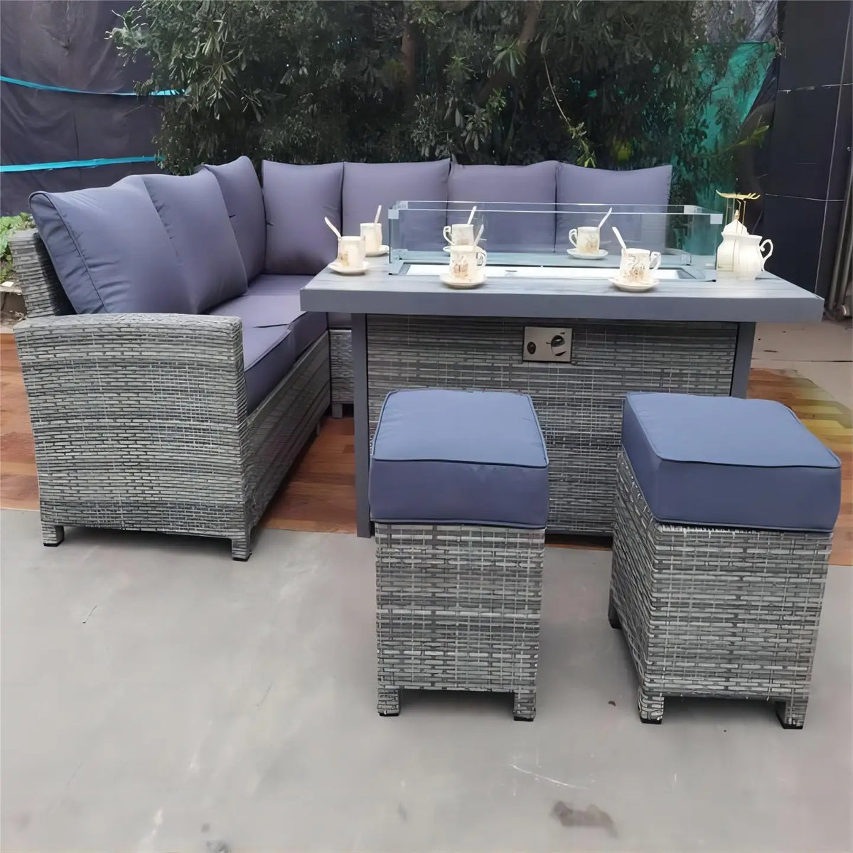 Outdoor Garden Gas Fire Pit Furniture Set Rattan Wicker Corner Dining Set With Big Fire Pit Burner Table In Europe For Grill
