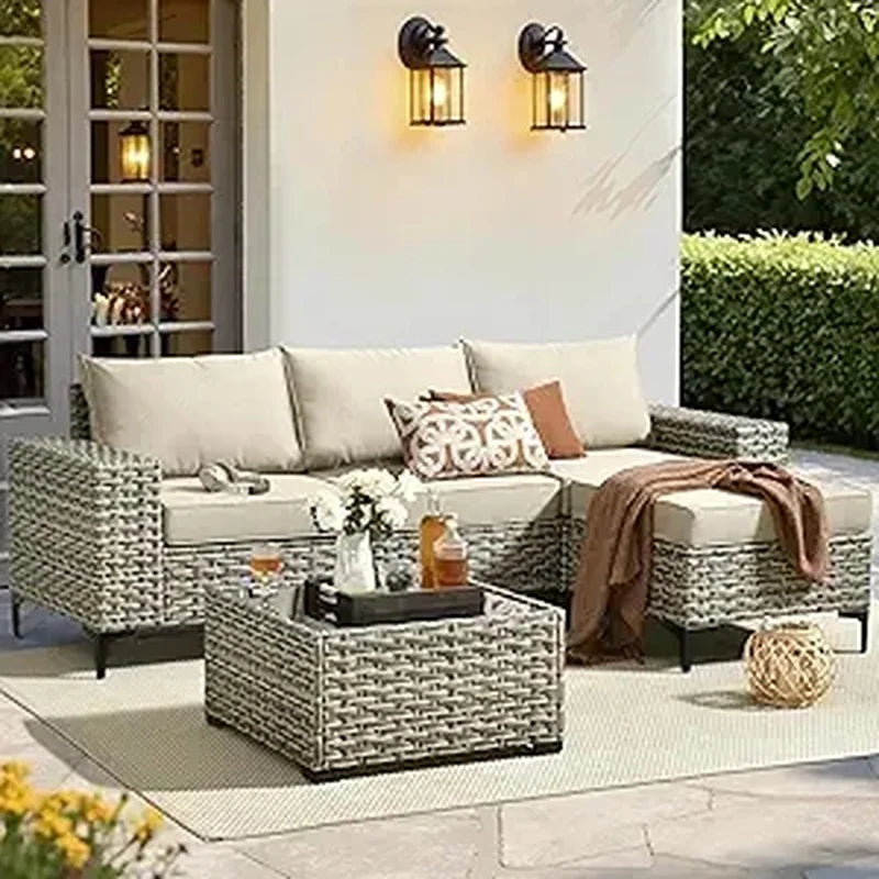 5 Pieces Outdoor Sectional Sofa Couch with Comfy Cushions Deep Seat, Modern Modular Wicker Rattan Conversation Set
