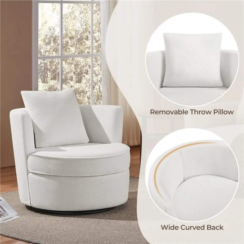 Swivel Accent Chair, 360 Degree Soft Boucle Swivel Barrel Chair, Upholstered Round Armchair with Pillow, Teddy Sofa Sherpa Chair