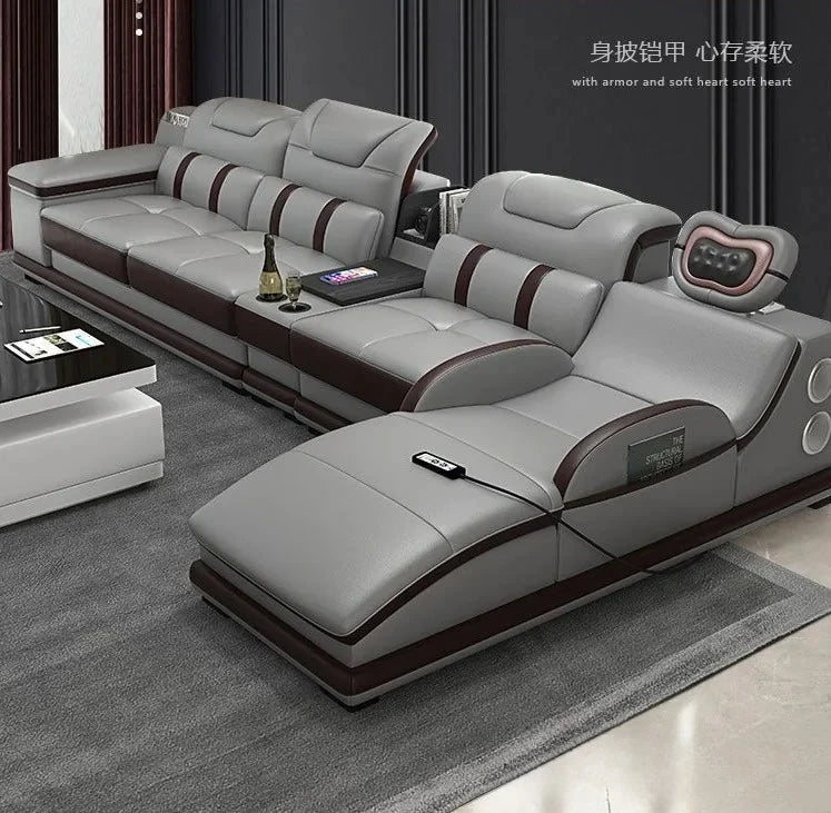for| Italian Genuine Leather Sectional Sofa with Bluetooth, Speaker, Functional Headrest, Massage Chaise | Big Corner Couch