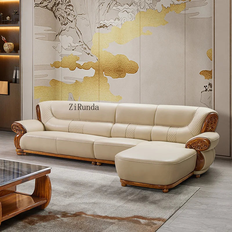 Ebony leather sofa, living room solid wood princess corner sofa, modern furniture
