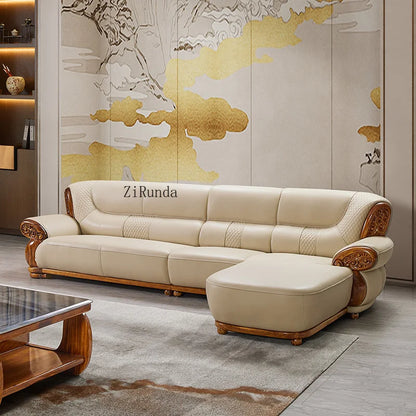 Ebony leather sofa, living room solid wood princess corner sofa, modern furniture