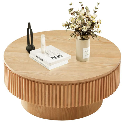 Round Coffee Table For Living Room, Accent Fluted Drum Coffee Table With Storage, Modern Solid Wood Circle Center Tea Table For