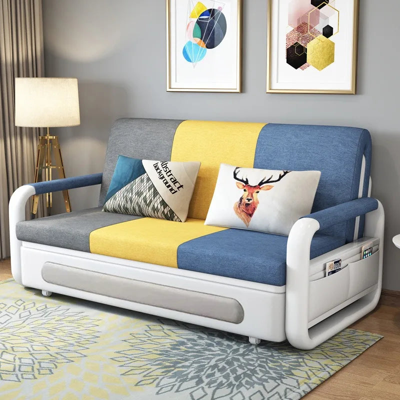 Modern Folding Sofa Bed with Fabric Upholstery Apartment Furniture Metal Frame Extendable for Living Room Dining Hotel Use